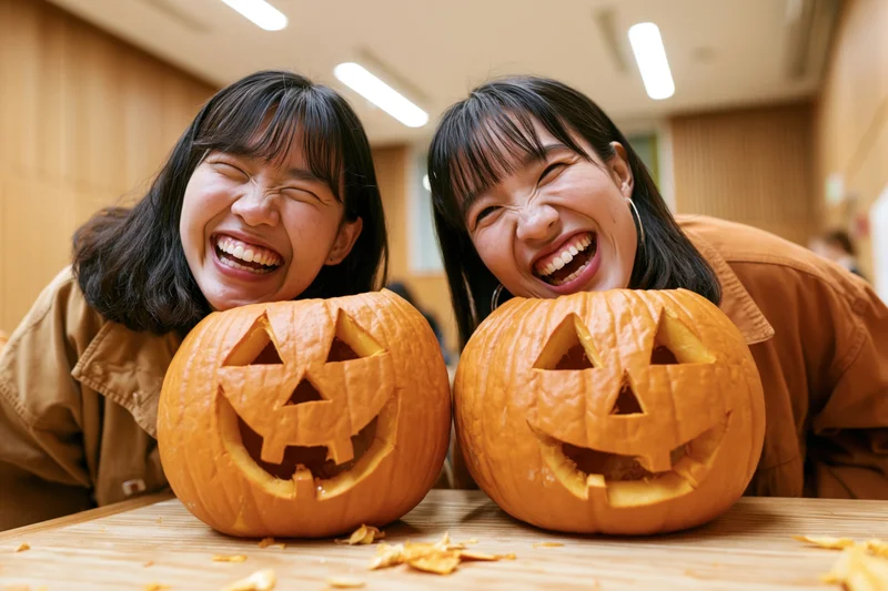 Two young eastasian women laughing behind freshly carved pumpkins on a wooden table indoors