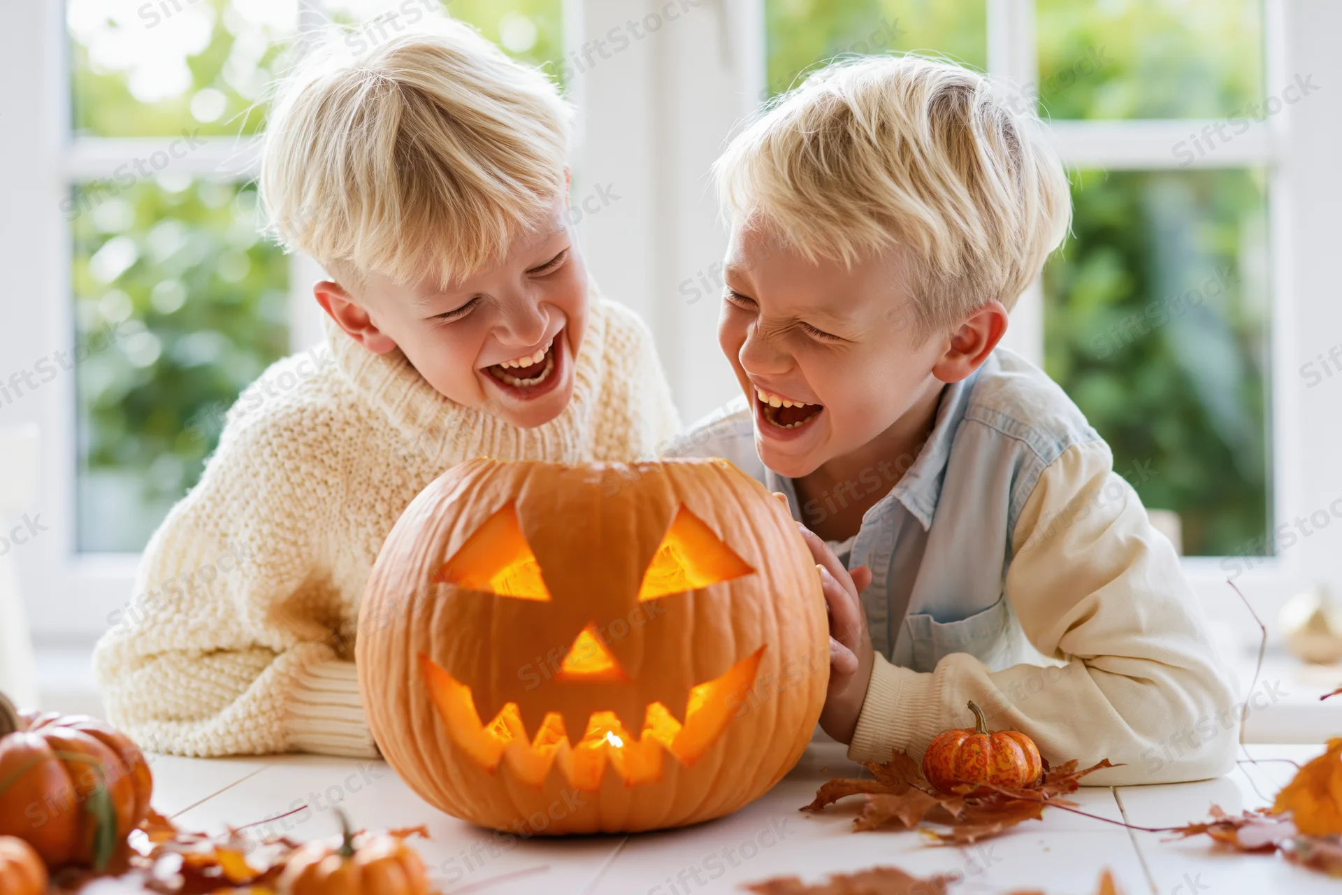 Two young blond boys laughing while carving a jack-o-lantern on a table indoors near a window