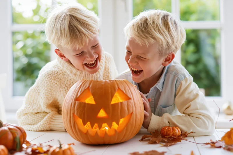 Two young blond boys laughing while carving a jack-o-lantern on a table indoors near a window