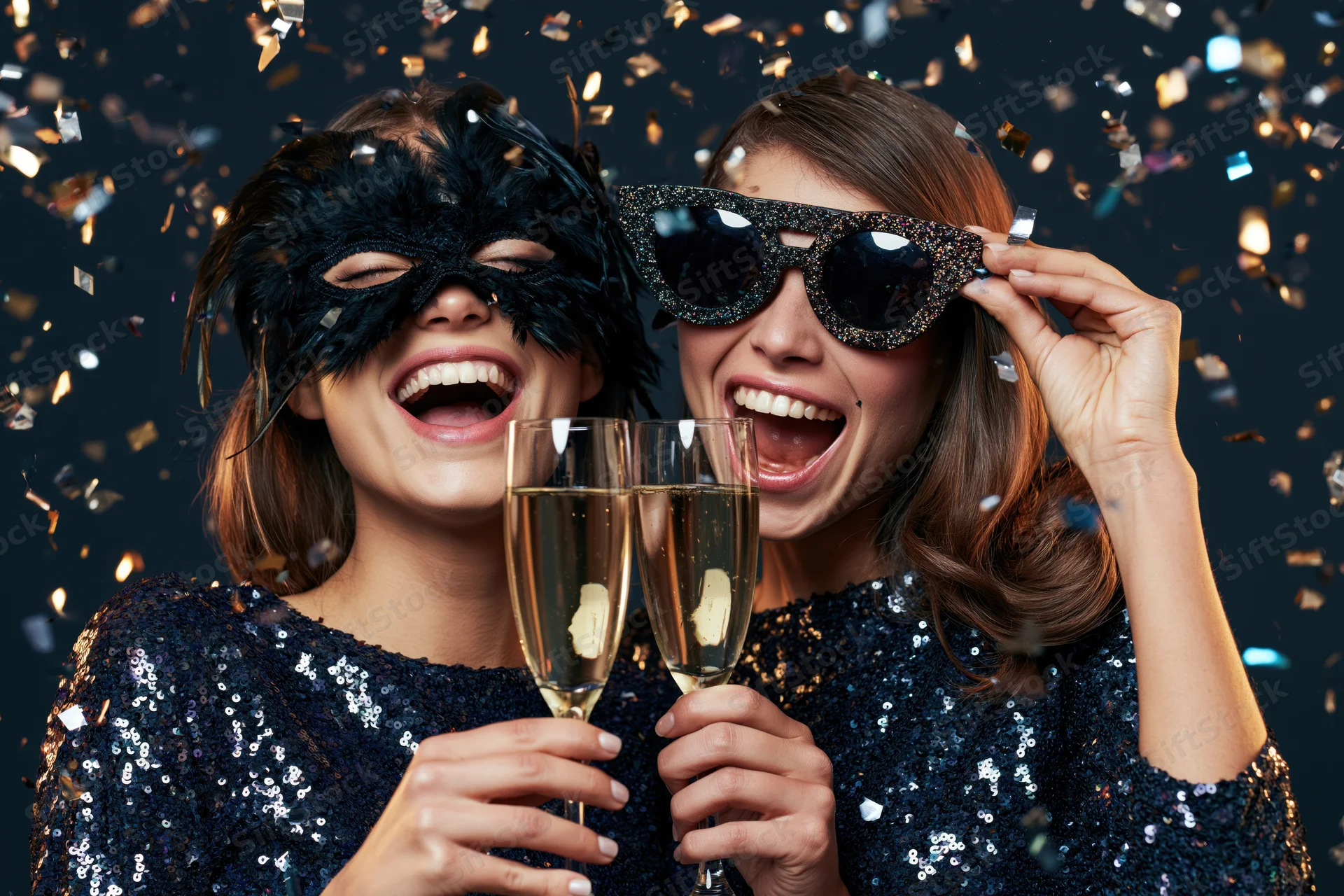 Two young women laughing and toasting with champagne flutes at a masquerade party with confetti falling around them