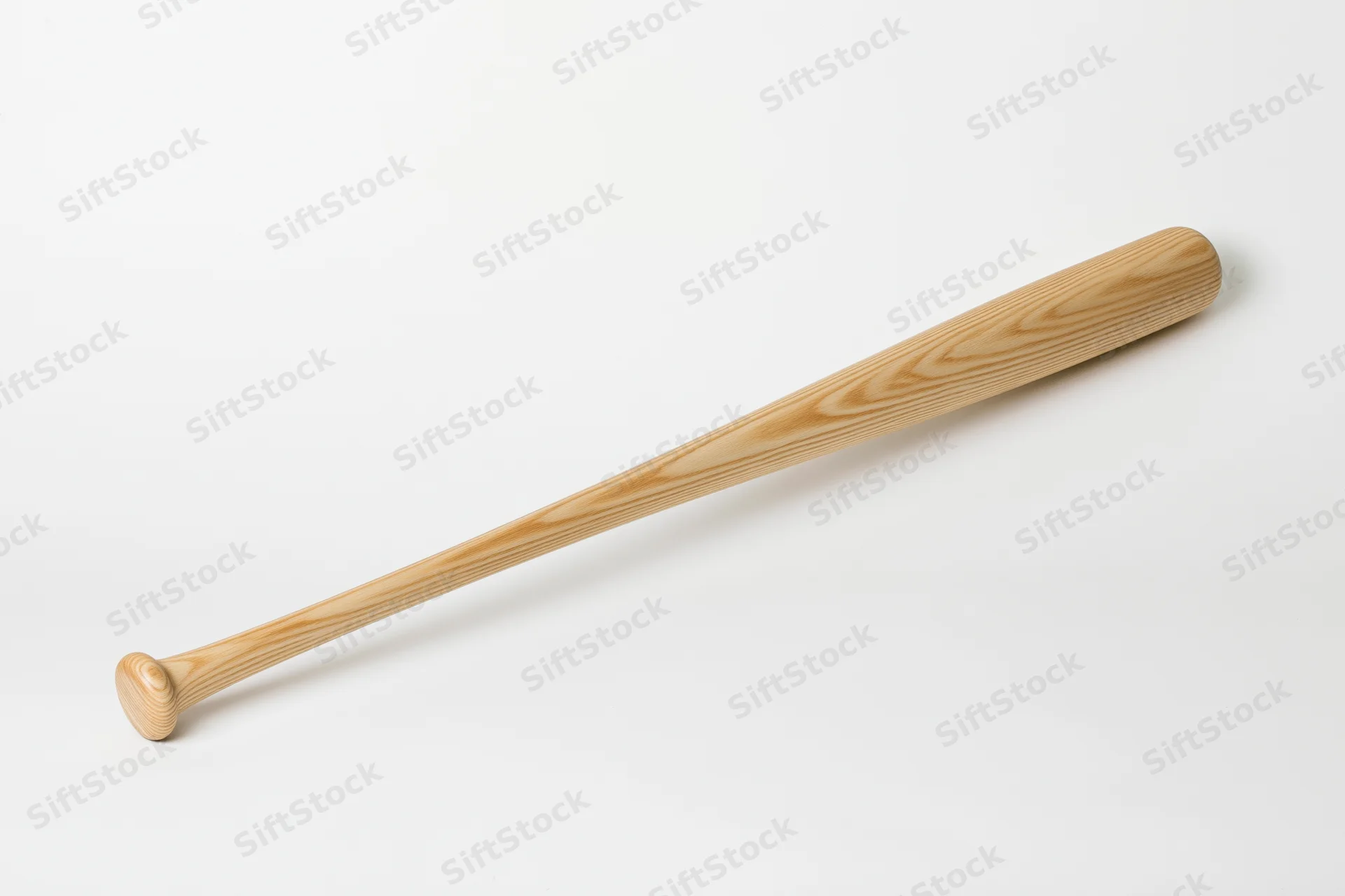 Unfinished wooden baseball bat lying diagonally on white background