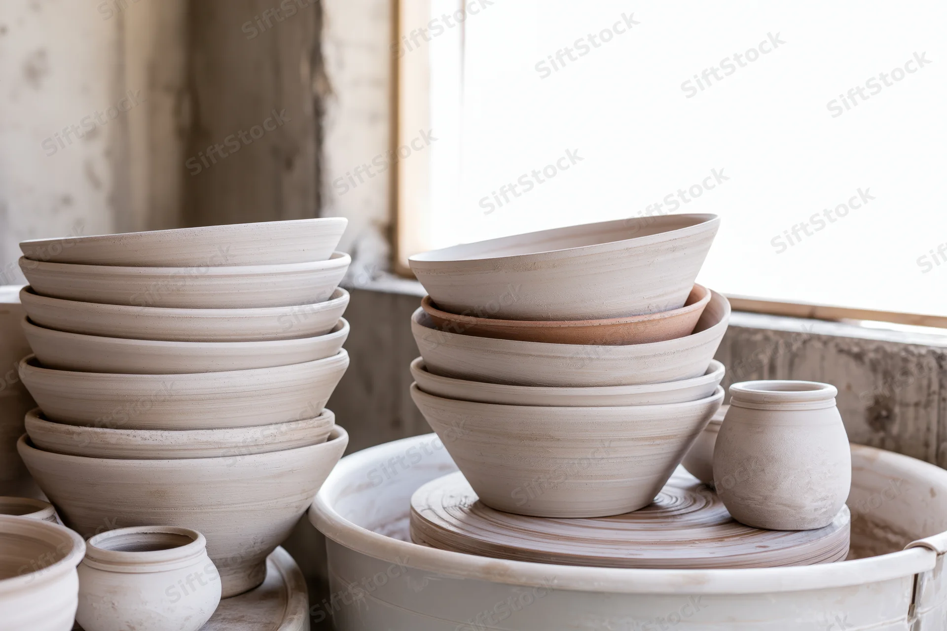 Unfired ceramic bowls and jars stacked on pottery wheel in studio near window