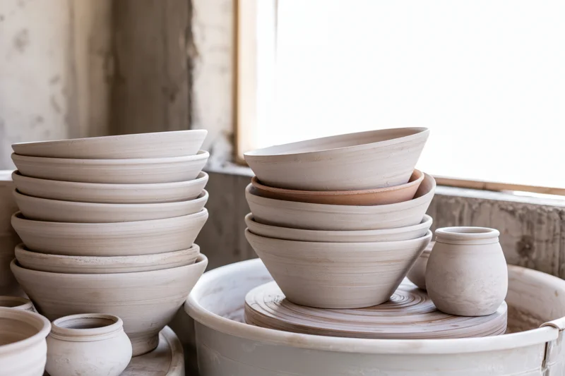 Unfired ceramic bowls and jars stacked on pottery wheel in studio near window