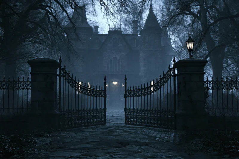 Victorian mansion viewed through an open iron gate at night in foggy overgrown woods