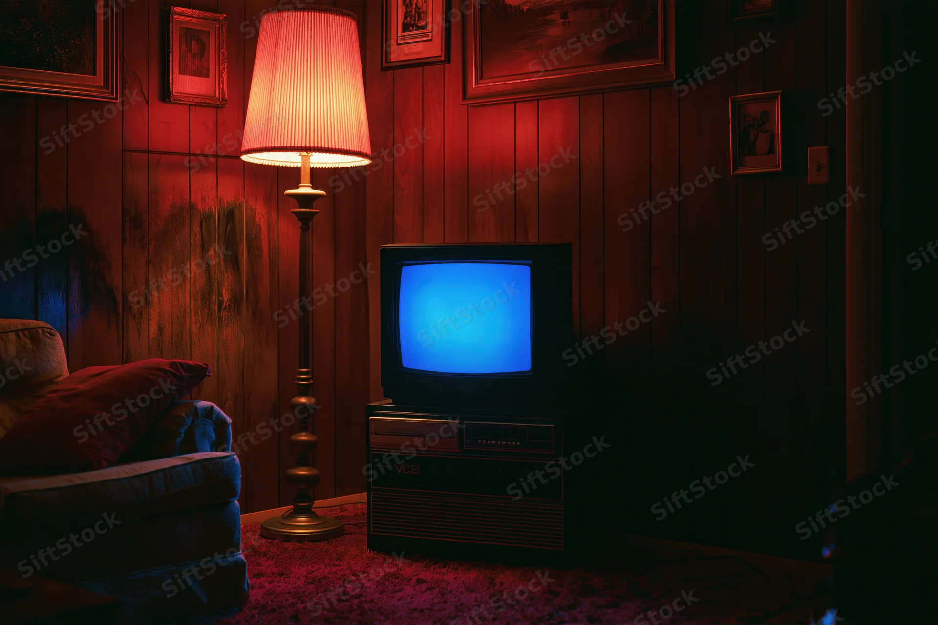 Vintage crt television with blue screen glow in dimly lit living room with wood paneling and floor lamp