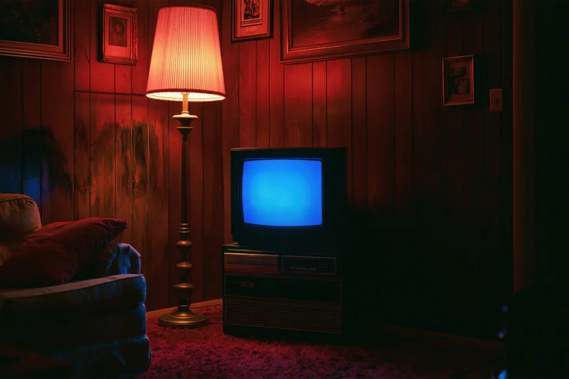 Vintage crt television with blue screen glow in dimly lit living room with wood paneling and floor lamp