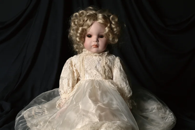 Vintage porcelain doll with curly blonde hair wearing a cream lace dress seated against a black draped backdrop