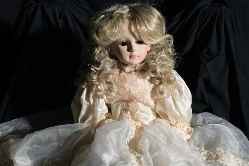 Vintage porcelain doll with curly blonde hair seated in a lace and satin dress against a dark backdrop