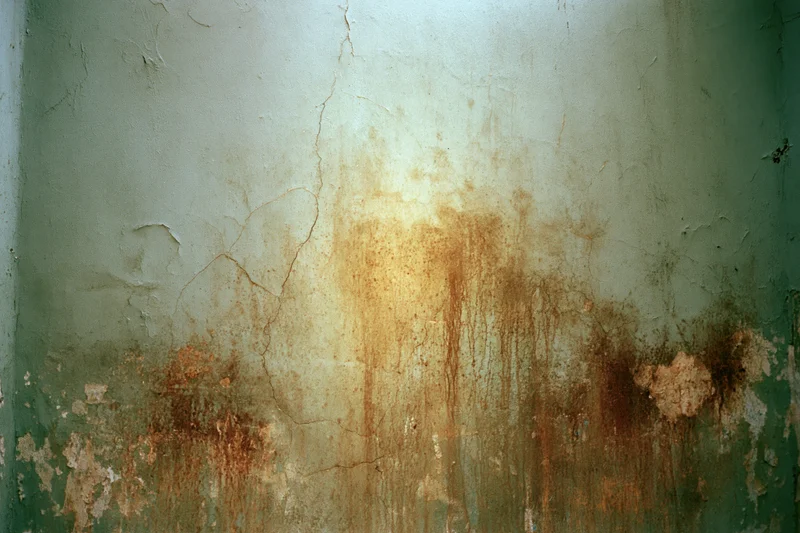 Weathered concrete wall with peeling paint and rust stains