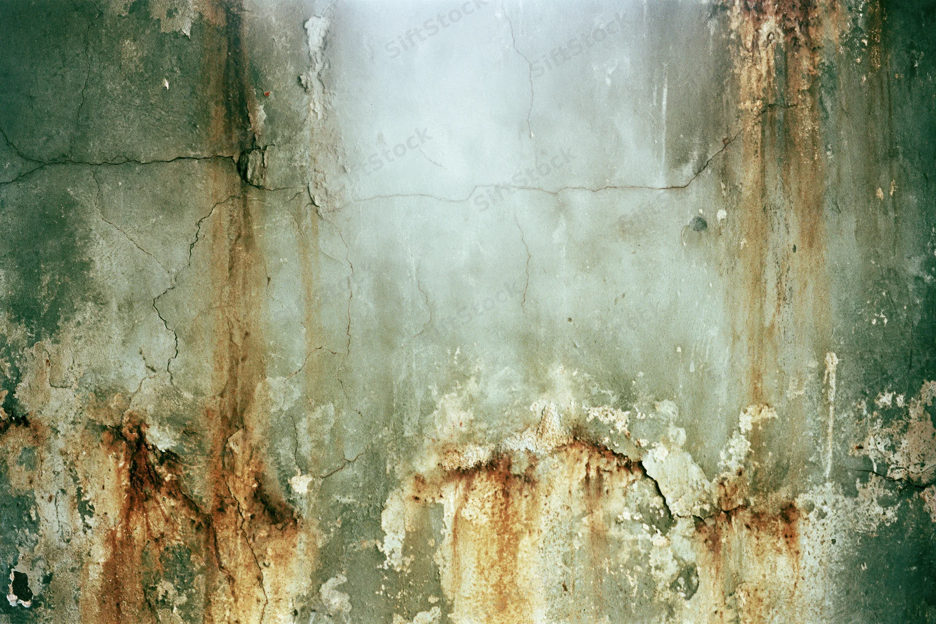Weathered concrete wall with peeling paint and rust stains