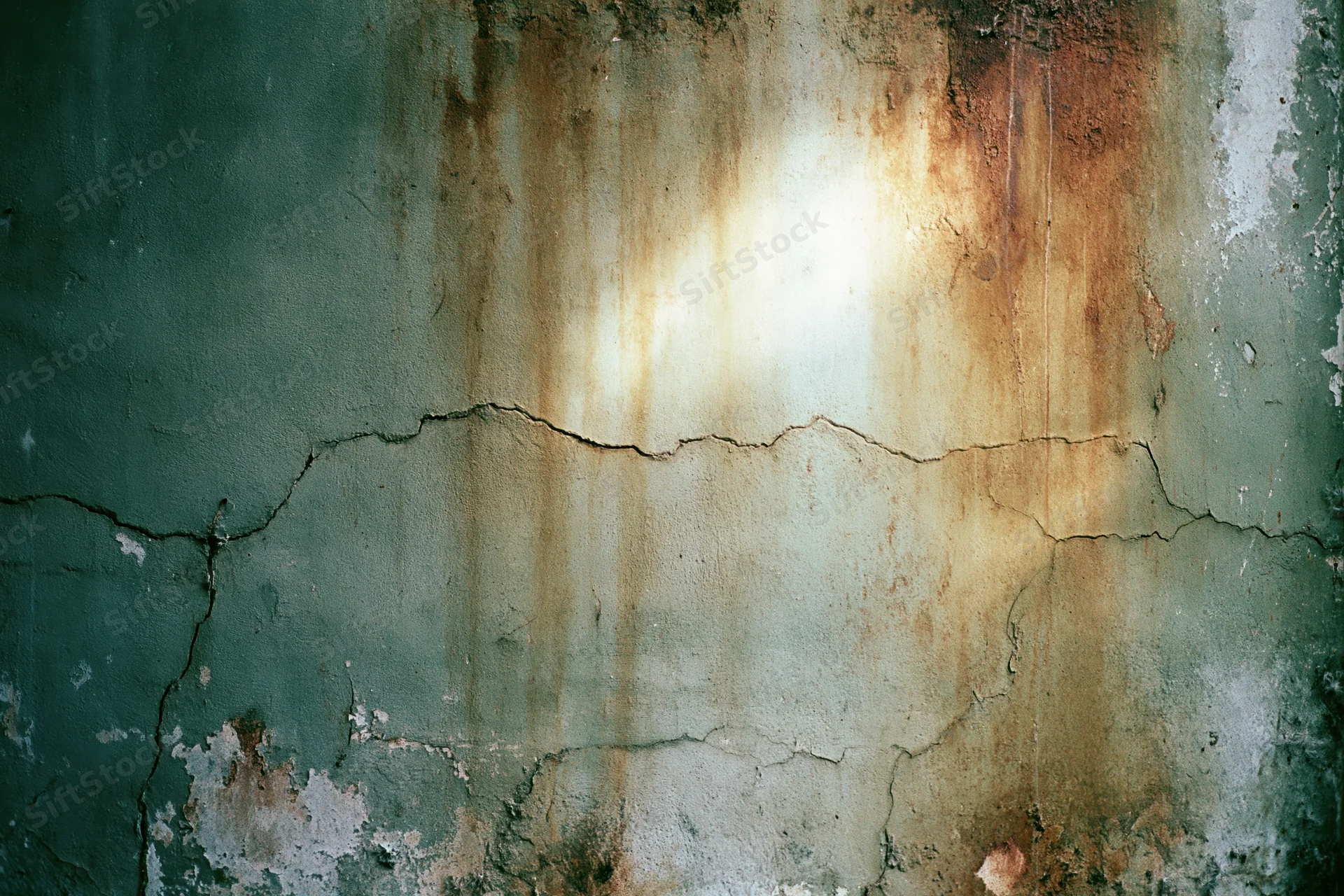 Weathered concrete wall with rust stains and peeling paint showing cracks and decay