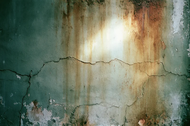 Weathered concrete wall with rust stains and peeling paint showing cracks and decay