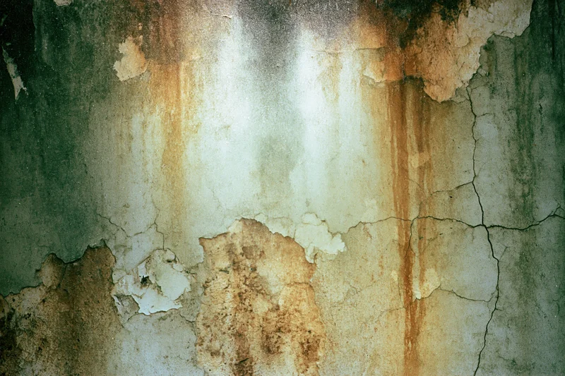 Weathered concrete wall with peeling paint and rust stains