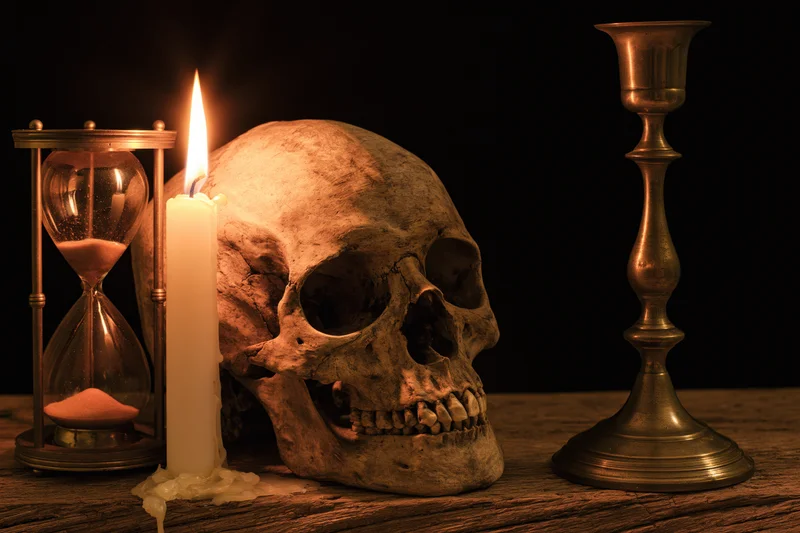 Weathered human skull beside lit candle and hourglass on wooden surface with brass candlestick