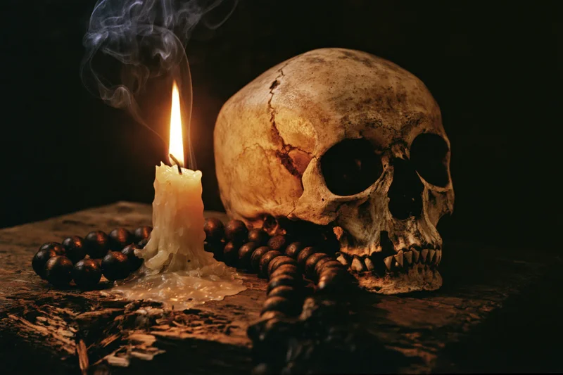 Weathered human skull beside a lit candle and rosary beads on a rough wooden surface