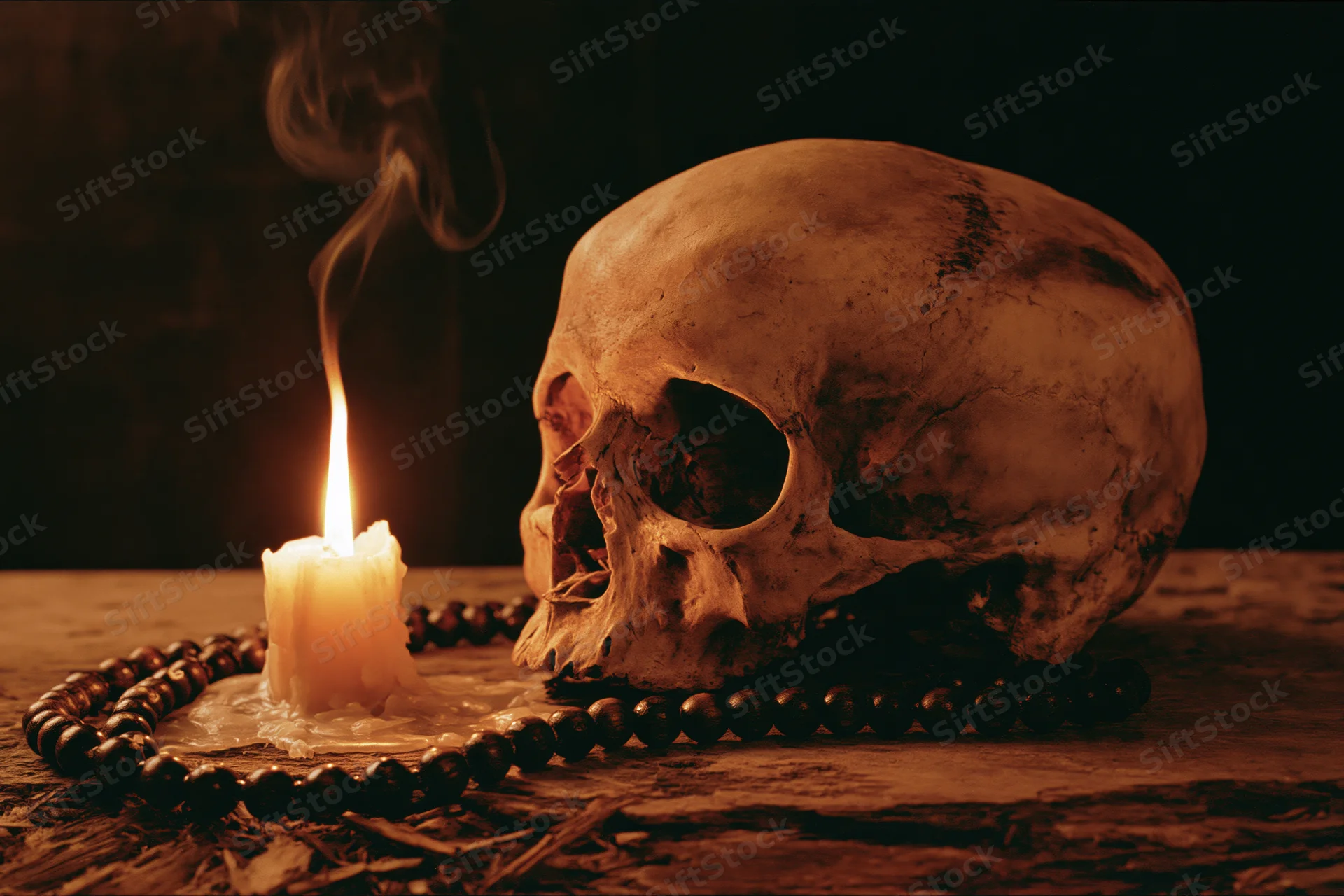 Weathered human skull beside a lit candle and rosary on a rough wooden table