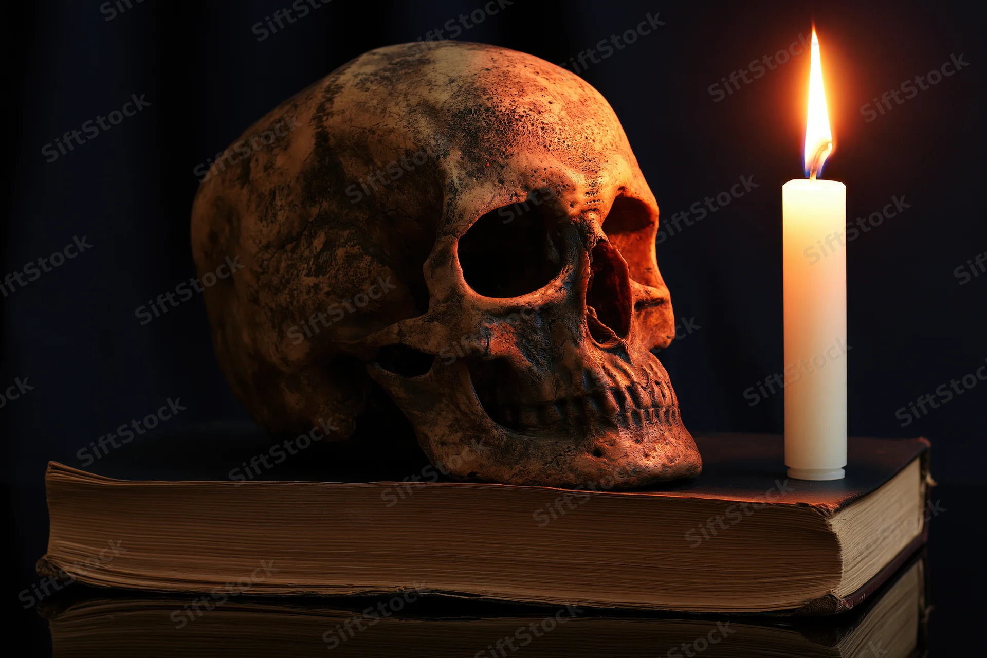 Weathered human skull resting on an old worn book beside a lit candle in a dark setting