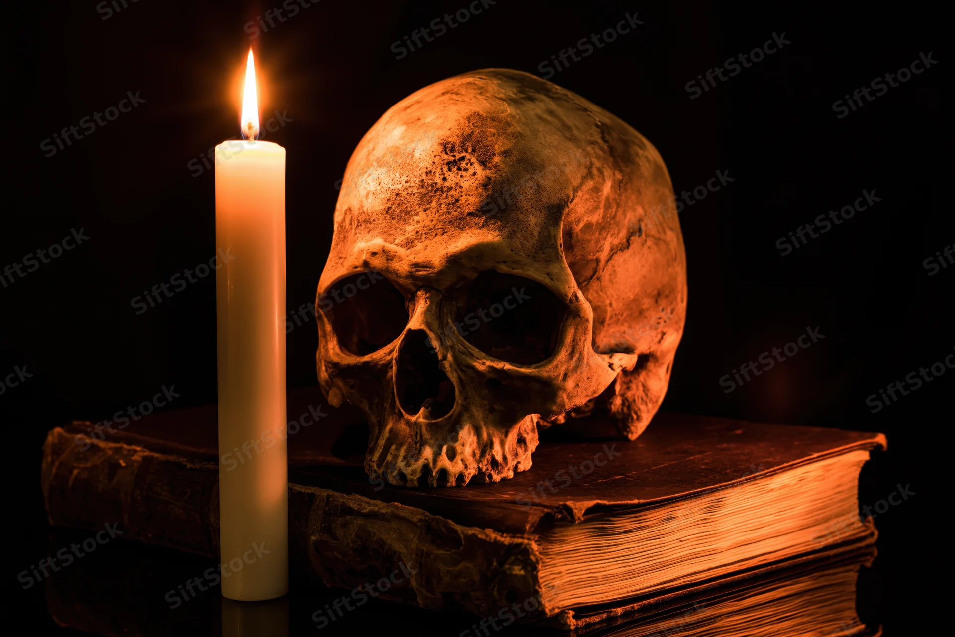 Weathered human skull resting on an old worn book beside a lit candle in a dark setting