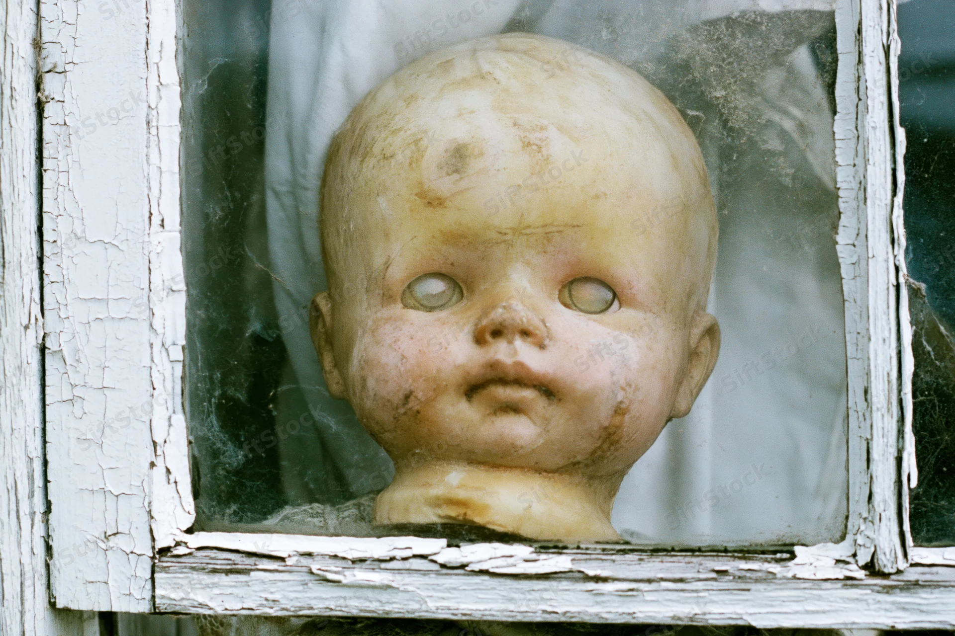 Weathered plastic doll head pressed against glass in a peeling white window frame
