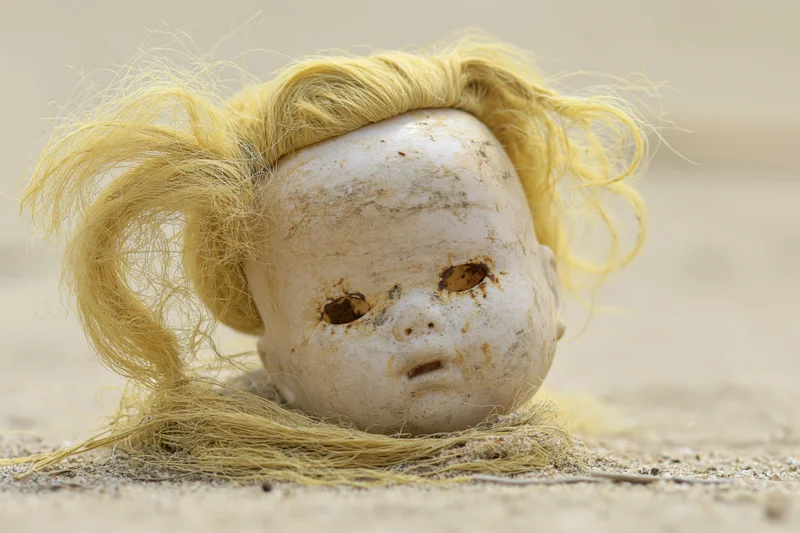 Weathered plastic doll head half-buried in dry sand with yellow hair and empty eye sockets