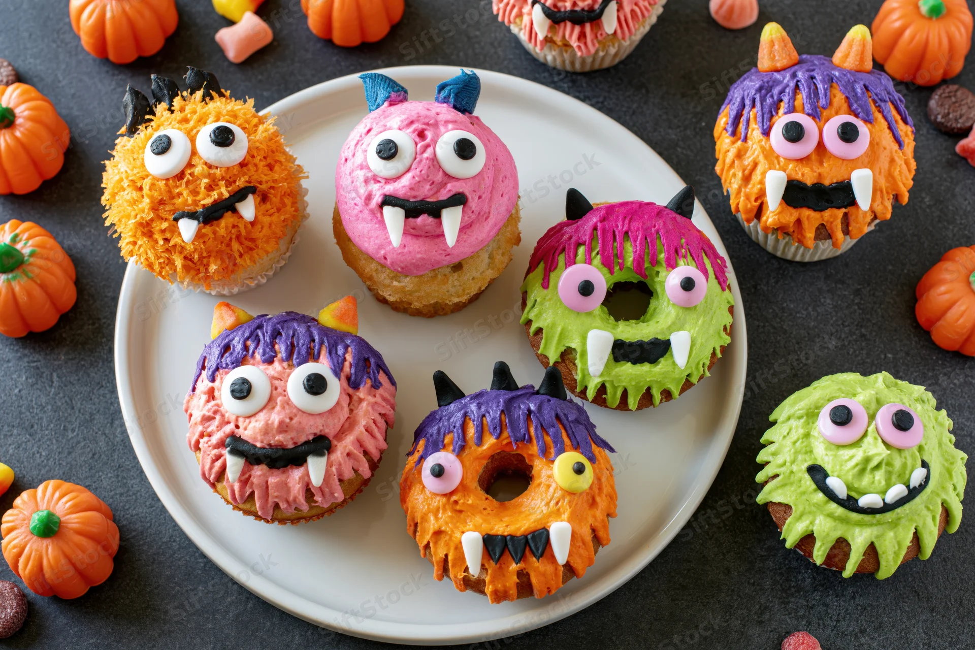 Six halloween monster cupcakes with colorful frosting and candy eyes on a white plate surrounded by small pumpkins and candy