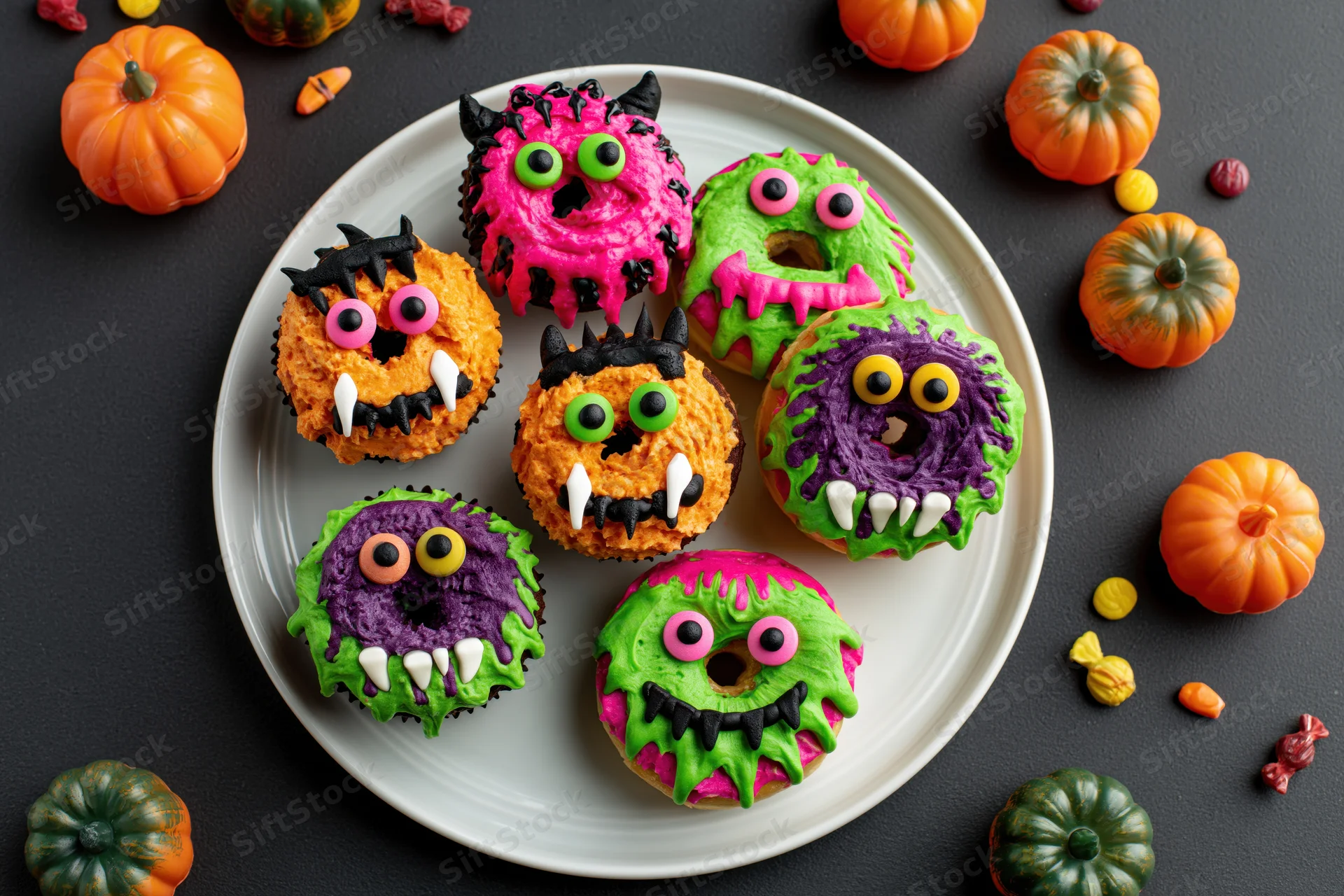 Six monster-decorated donuts on a white plate surrounded by pumpkins and candy