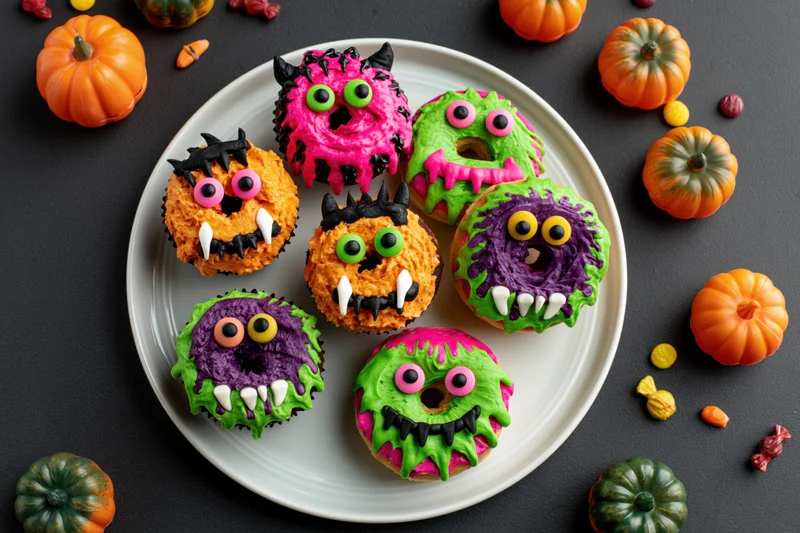 Six monster-decorated donuts on a white plate surrounded by pumpkins and candy