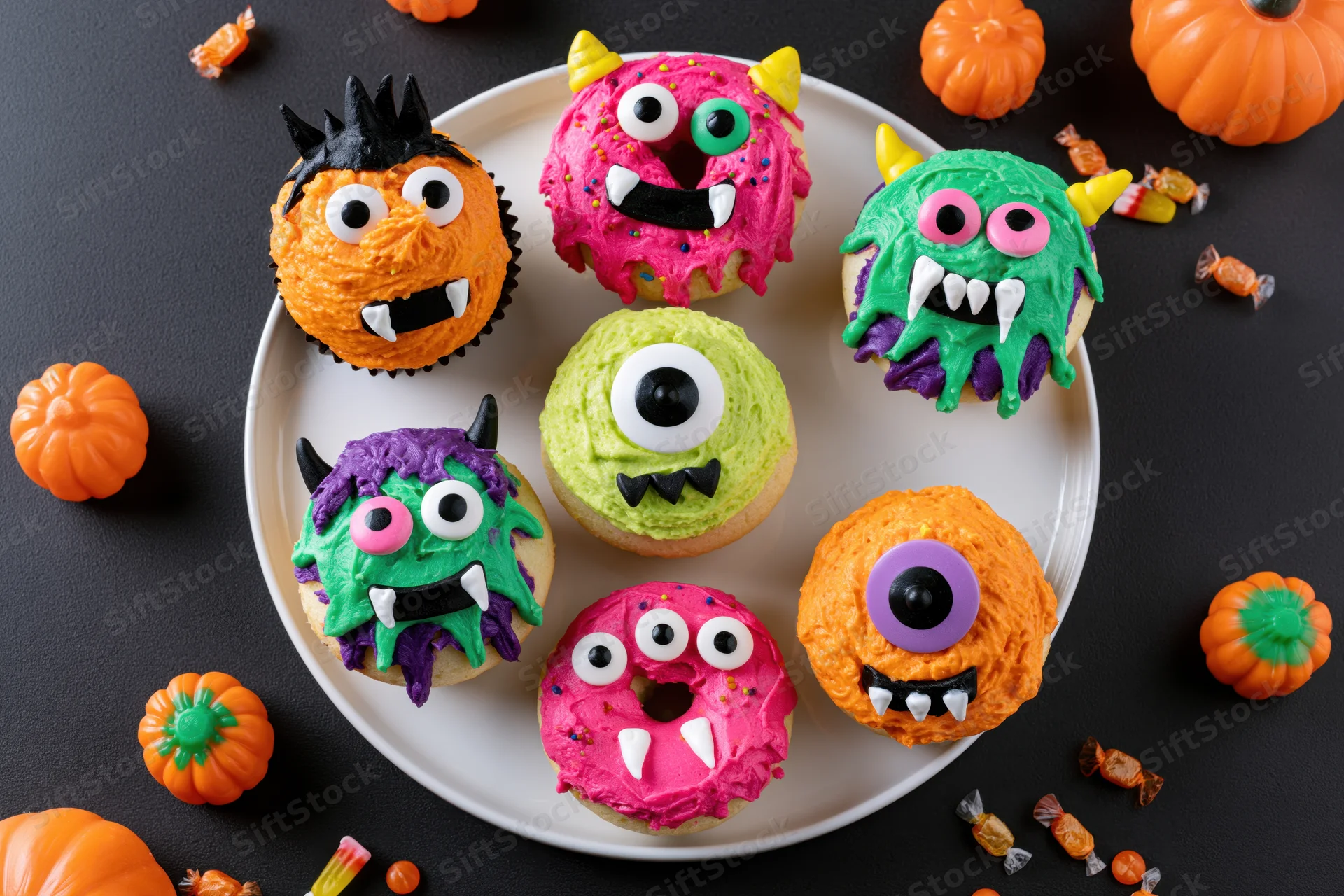 Six halloween monster cupcakes with colorful frosting and candy eyes on a white plate surrounded by pumpkins and candy
