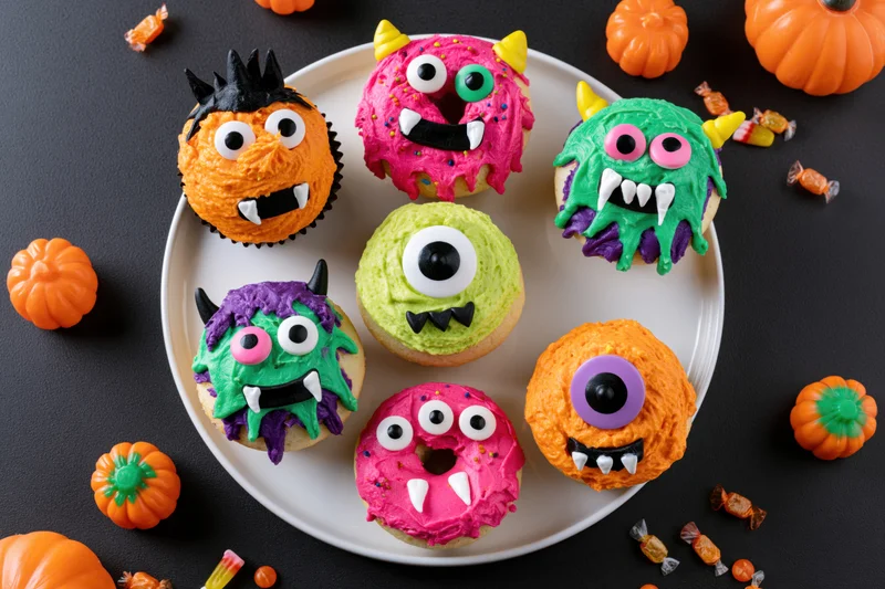 Six halloween monster cupcakes with colorful frosting and candy eyes on a white plate surrounded by pumpkins and candy