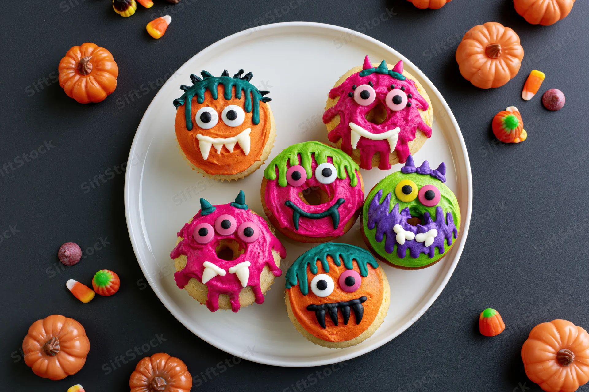 Six halloween monster-decorated donuts on a white plate surrounded by pumpkins and candy corn on dark surface