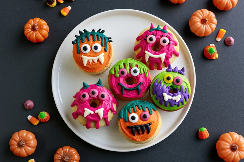 Six halloween monster-decorated donuts on a white plate surrounded by pumpkins and candy corn on dark surface