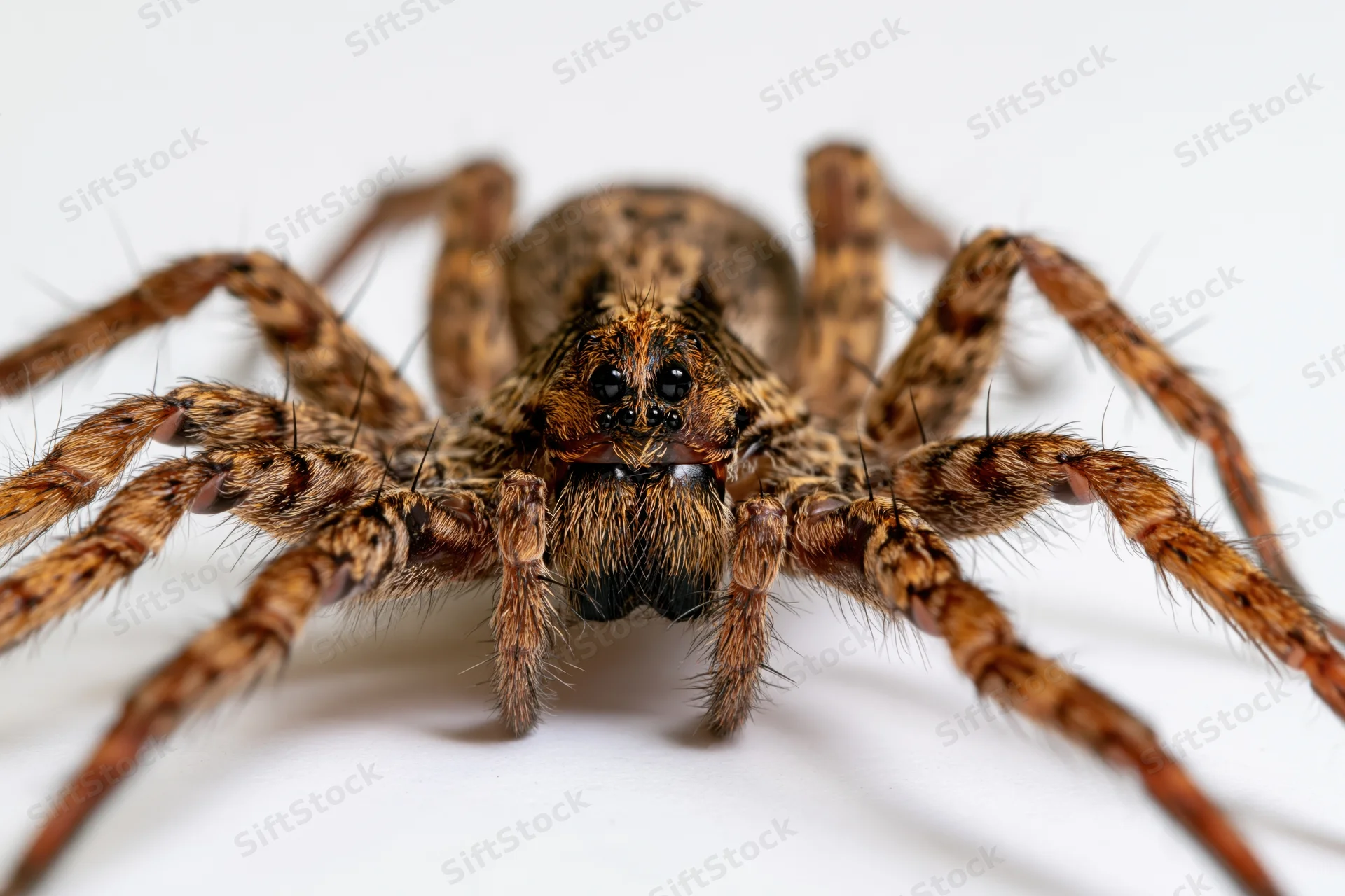 Wolf spider facing forward on white studio background