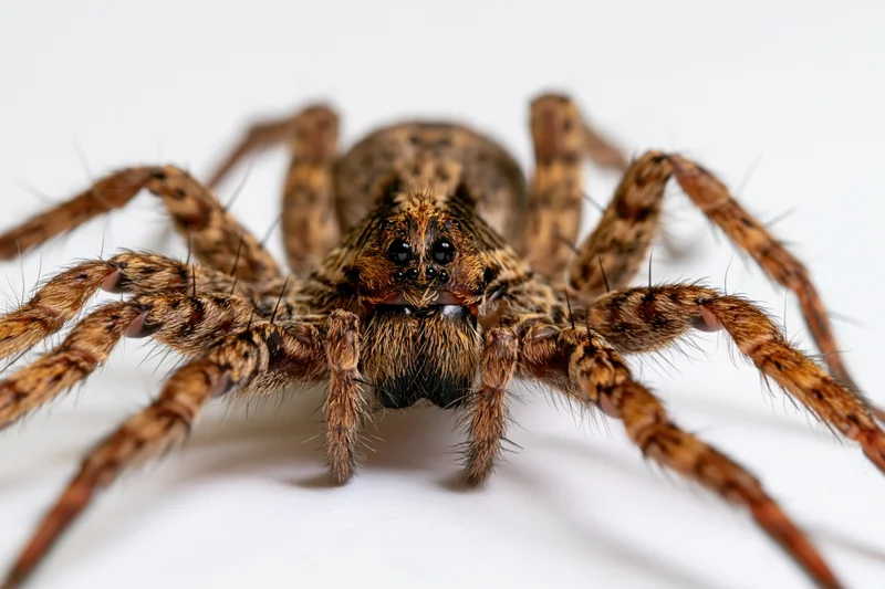 Wolf spider facing forward on white studio background