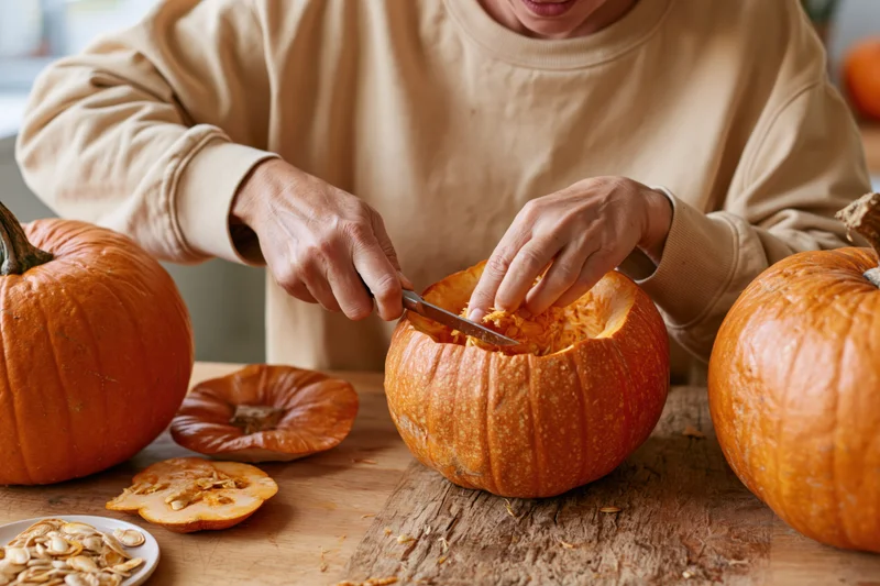 Woman carving a pumpkin by scooping out its insides on a wooden table