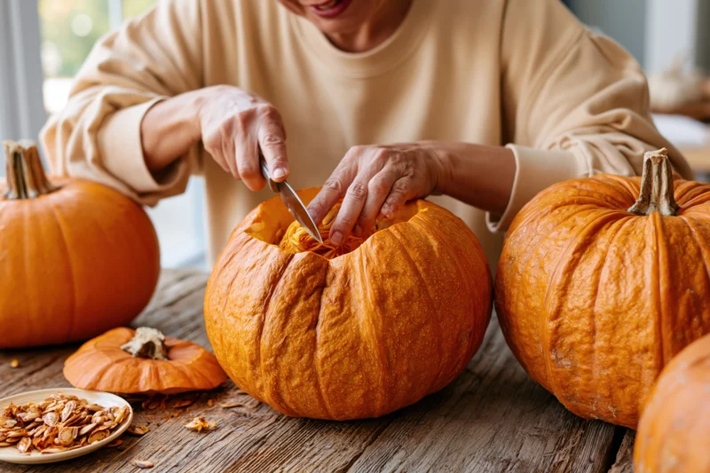 Woman carving a pumpkin with a knife on a wooden table, scooping out seeds and pulp for halloween decoration