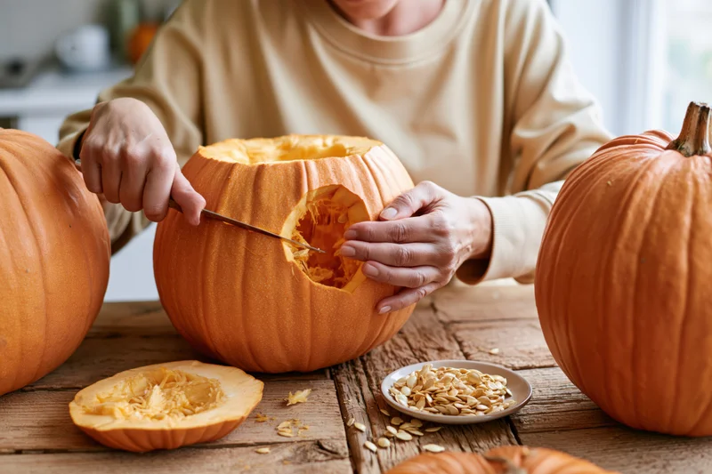 Woman carving a pumpkin with a knife on a wooden table surrounded by pumpkins and seeds