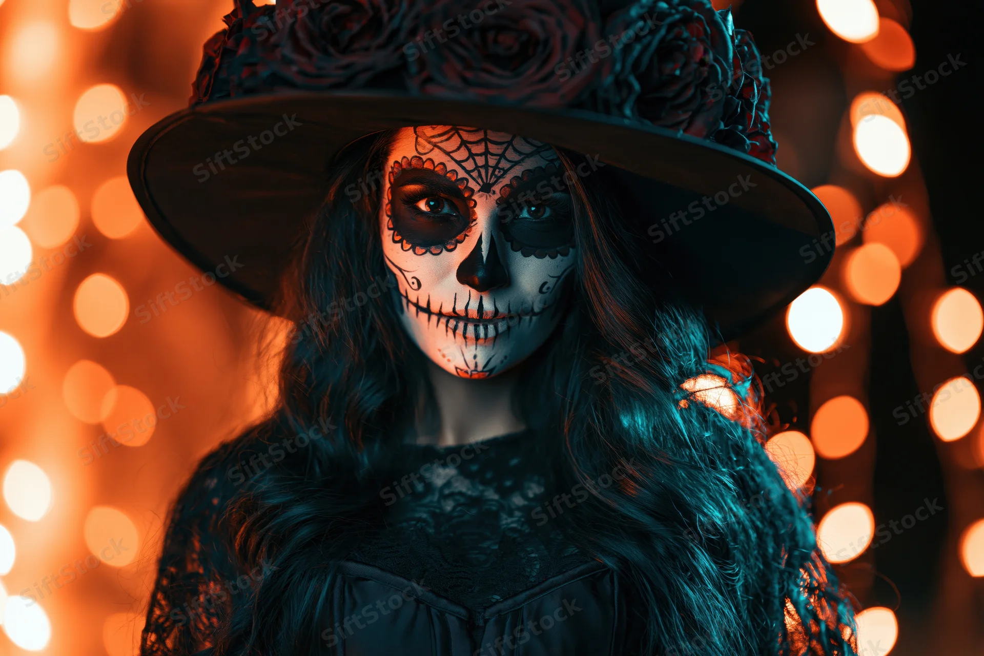Woman in witch costume with skull facepaint and wide-brimmed hat, staring directly at camera against glowing bokeh lights
