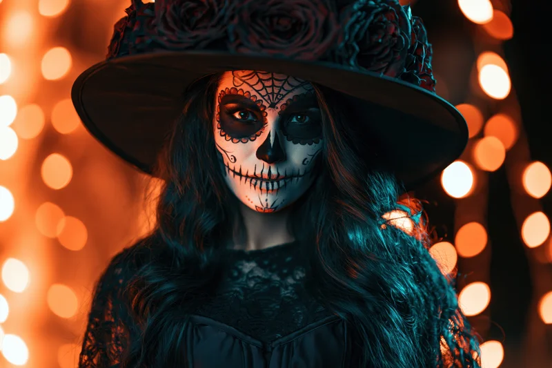 Woman in witch costume with skull facepaint and wide-brimmed hat, staring directly at camera against glowing bokeh lights