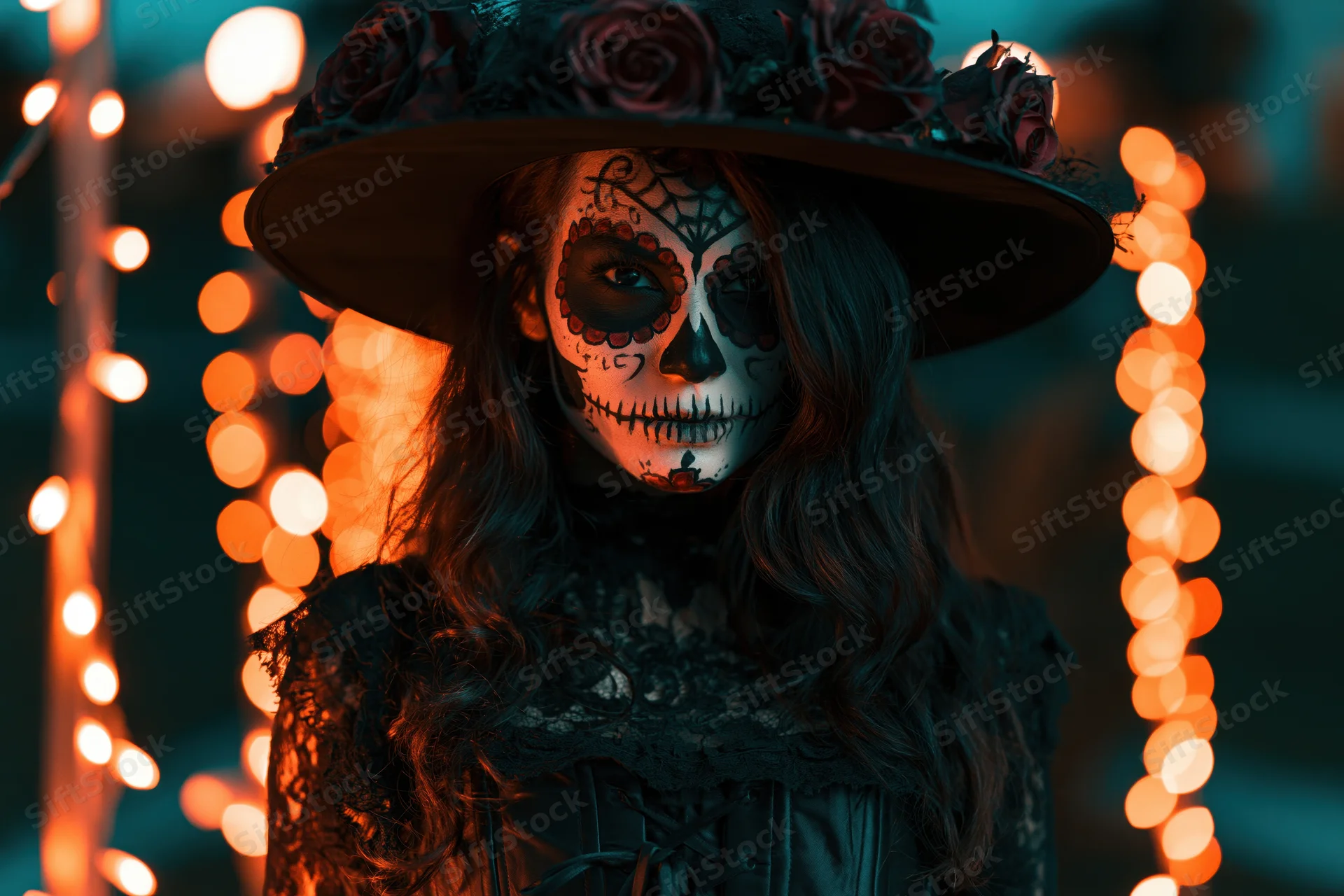 Woman in witch costume with skull face paint and wide-brimmed hat, framed by glowing string lights at night
