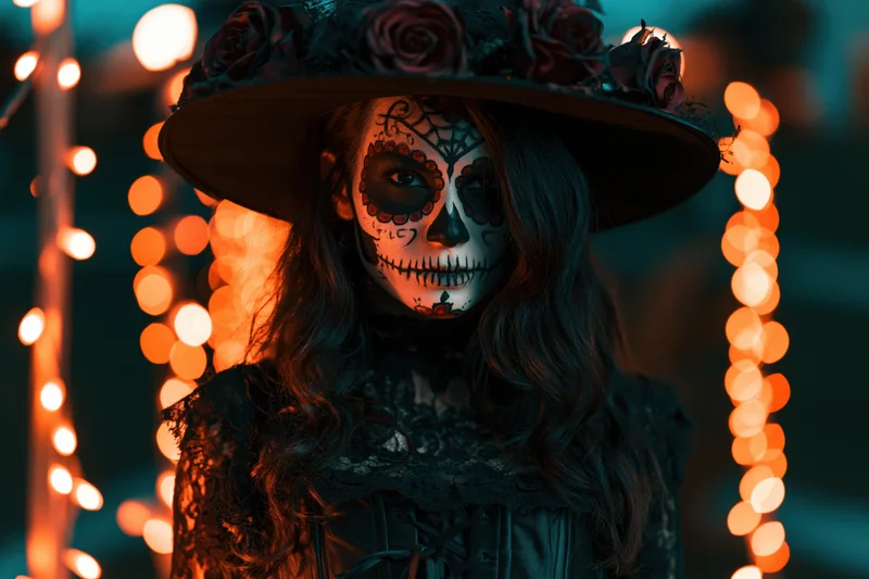Woman in witch costume with skull face paint and wide-brimmed hat, framed by glowing string lights at night