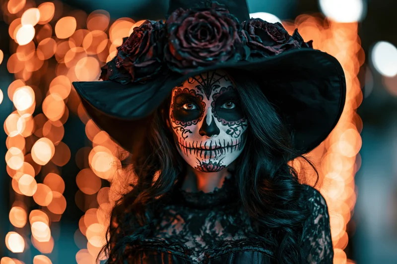 Woman in witch costume with skull makeup and black hat staring directly at camera against glowing bokeh lights