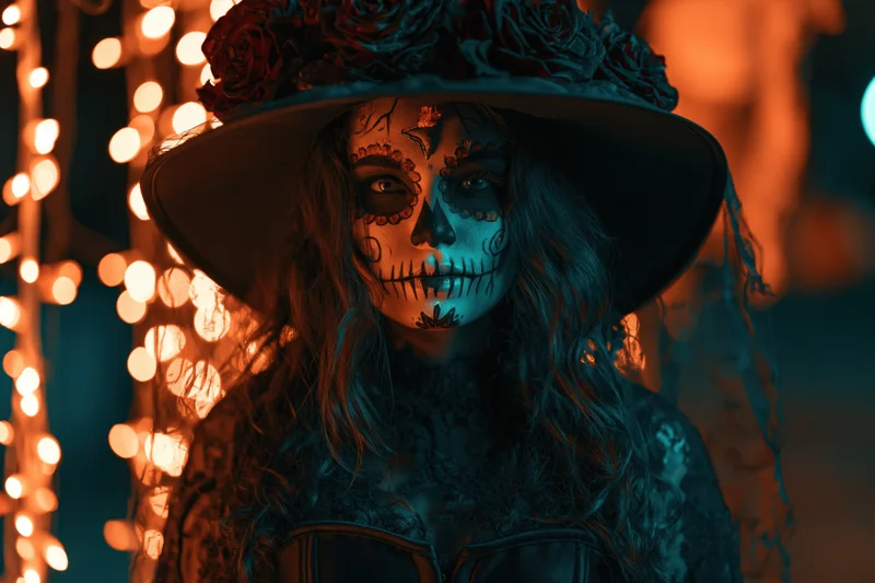 Woman in witch costume with skull face paint and wide-brimmed hat adorned with roses, illuminated by string lights at night
