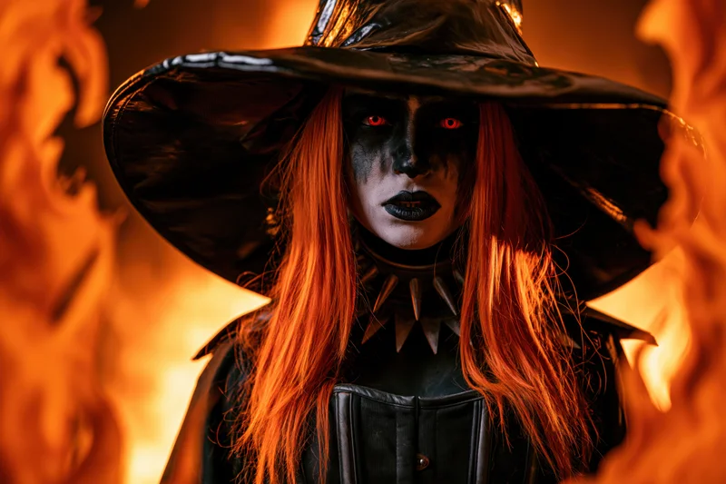 Woman in witch costume with red eyes and black makeup staring directly at camera surrounded by flames