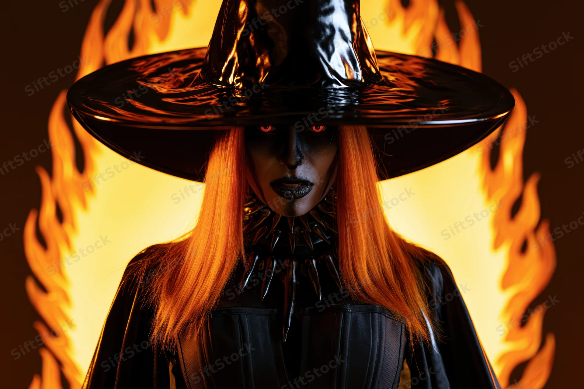 Woman in black witch costume with wide-brimmed hat and spiked collar staring directly at camera against fiery background