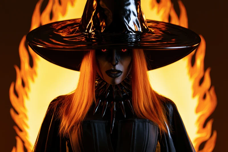 Woman in black witch costume with wide-brimmed hat and spiked collar staring directly at camera against fiery background