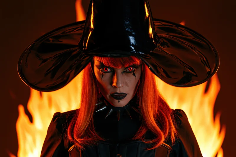 Woman in witch costume with red eyes and black hat staring directly at camera against flames