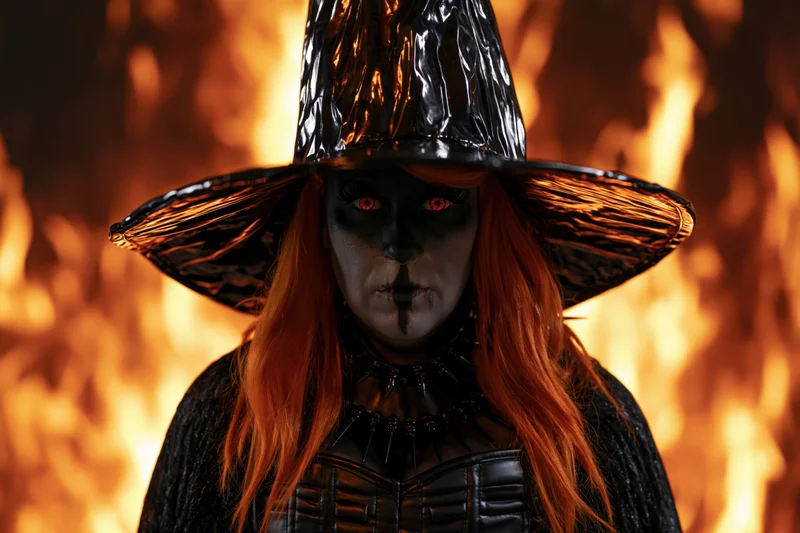 Woman in witch costume with red eyes and black makeup staring at camera against fiery background