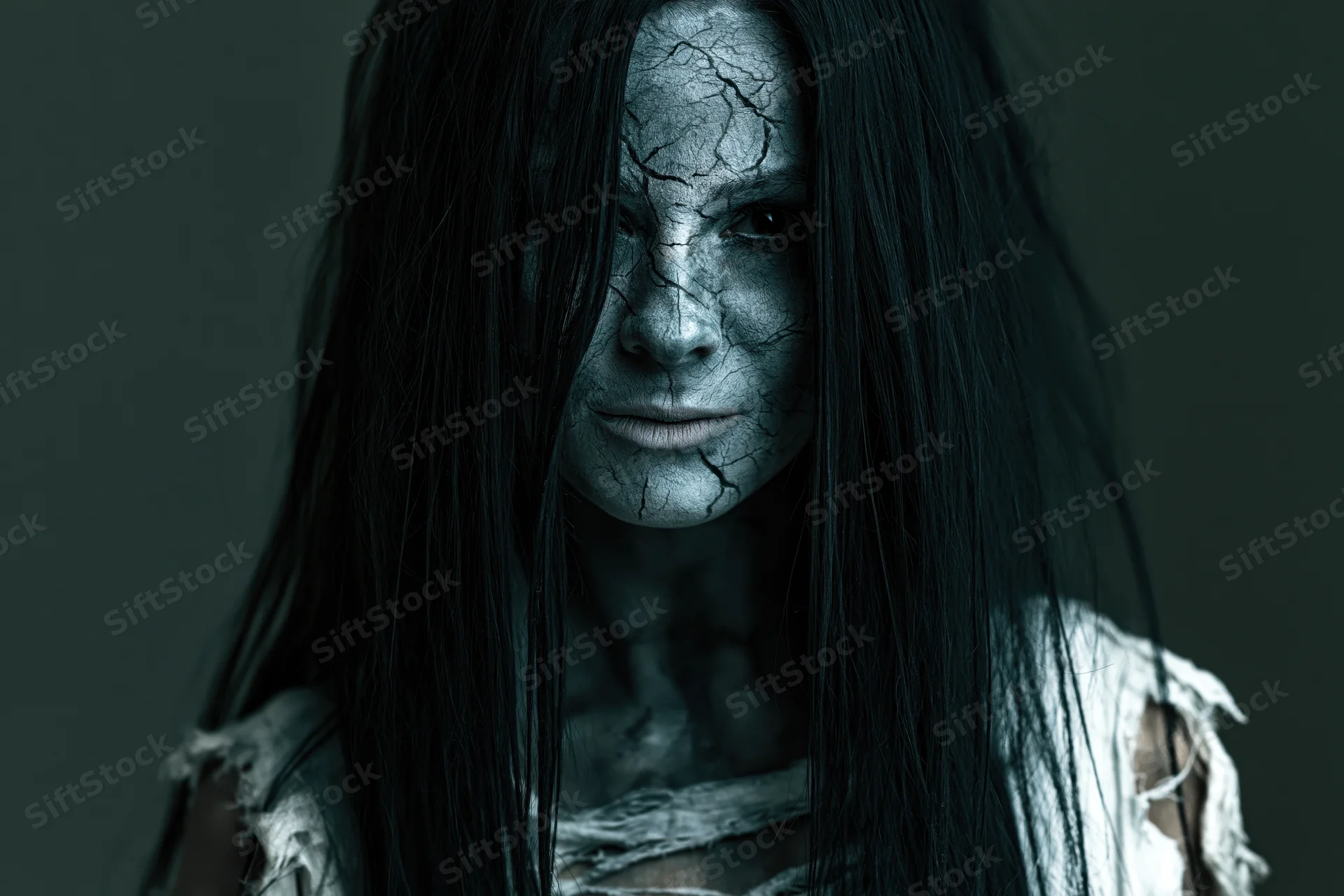 Woman with cracked grey face paint and long black hair in tattered white clothing, studio portrait