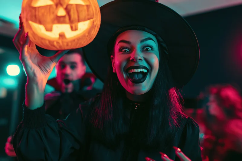 Woman in witch costume holding glowing carved jack-o-lantern at halloween party