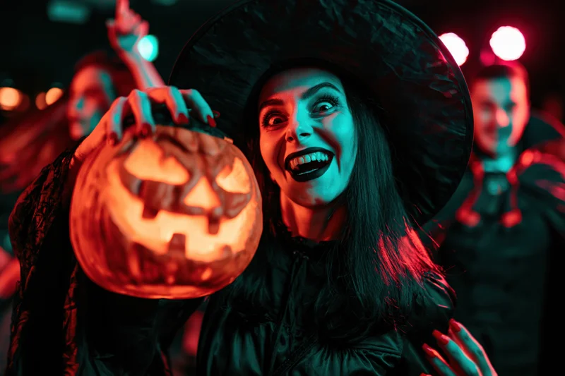 Woman in witch costume holding glowing carved pumpkin at halloween party